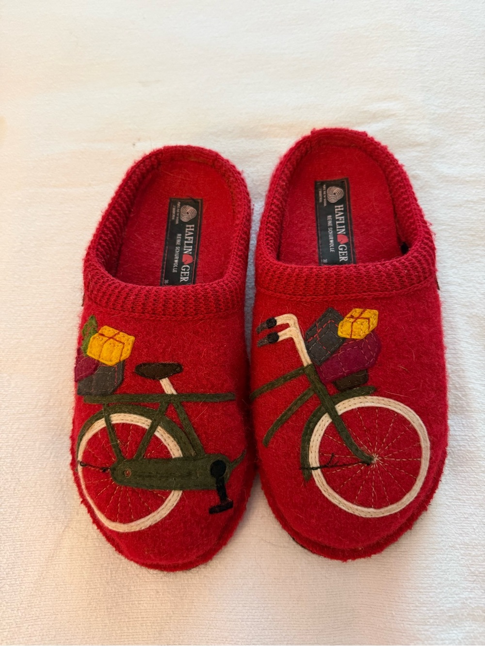 Red WoolBicycle Slippers with Embroidered Bicycle Motif